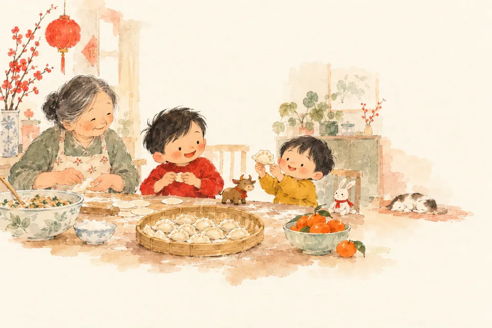 Henry and James make dumplings with their grandmother, with little Ox and Rabbit toys beside them.